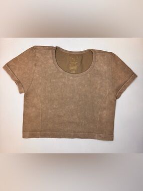 Gypsy & Jade Cropped Ribbed Knit Top in Tan with Coral Washouts